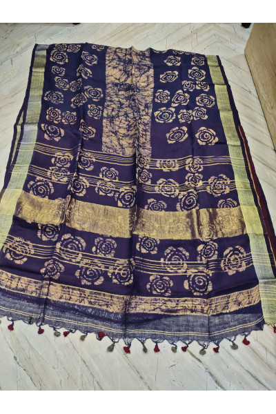 All Over Batik Printed Linen By Linen Saree With One Inch Golden Zari Border (KR1036) 